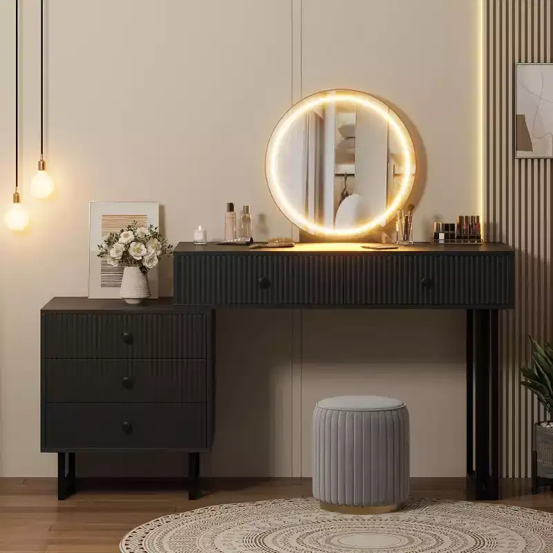Acekool White Vanity Desk with Mirror and Lights, Modern Makeup Vanity Table with 5 Drawers, 3-Color LED, Adjustable Brightness for Bedroom