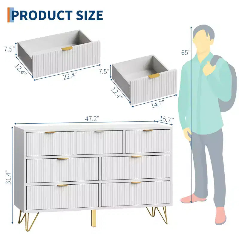 7 Drawer Dresser for Bedroom, Modern Chest of Drawers with Gold Metal Handles & Feet,Wood TV Stand Storage Organizer for Living Room