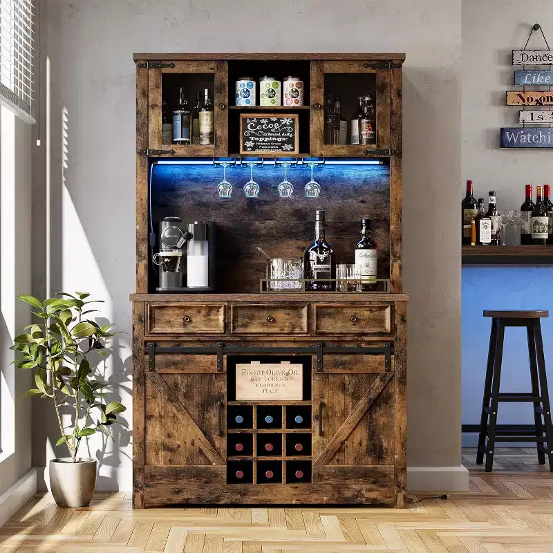 72 Inch Farmhouse Coffee Bar Cabinet with Wine Glass Rack, Large Kitchen Hutch with 3 Drawers and Sliding Barn Door, Tall Storage Cabinet for Home Bar