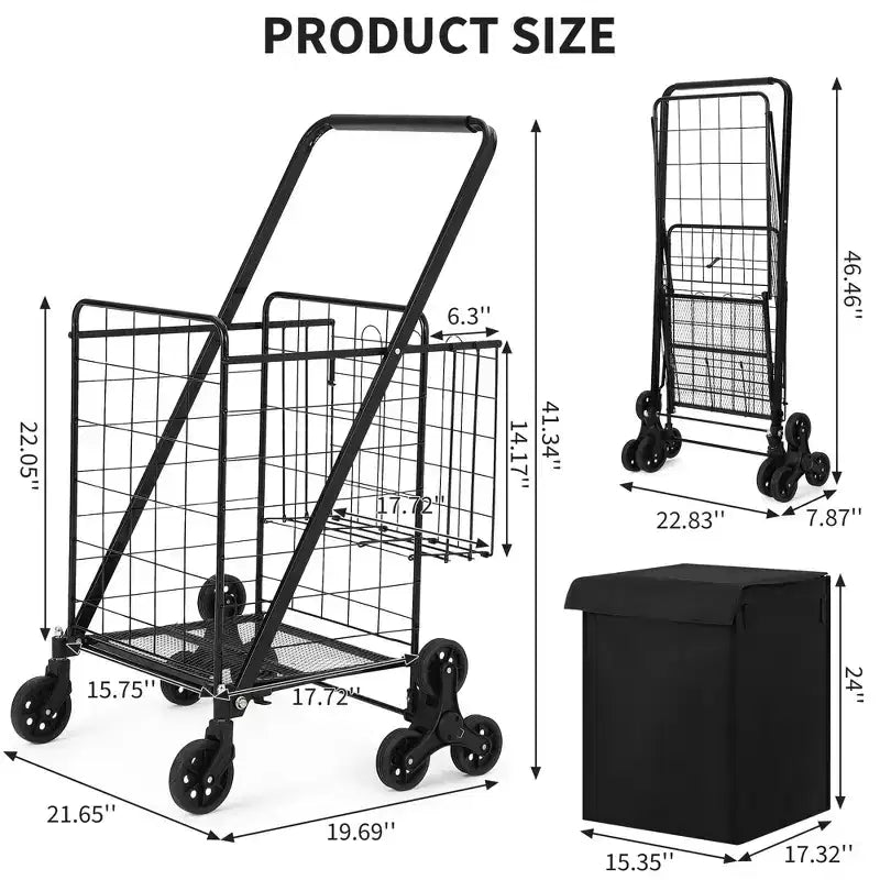 Folding Shopping Cart, 360 Swivel Grocery Trolley with Stair-Climbing Wheels, Heavy Duty Utility Cart with Waterproof Liner for Shopping, Camping