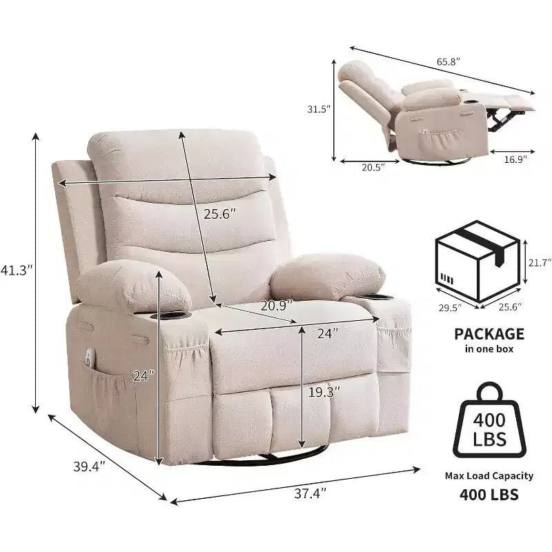 Recliner Chair,Oversized Manual Reclining Rocking Chair,Swivel Glider with Cup Holder, Massage and Heat Recliner, Indoor Small Single Sofa Chairs