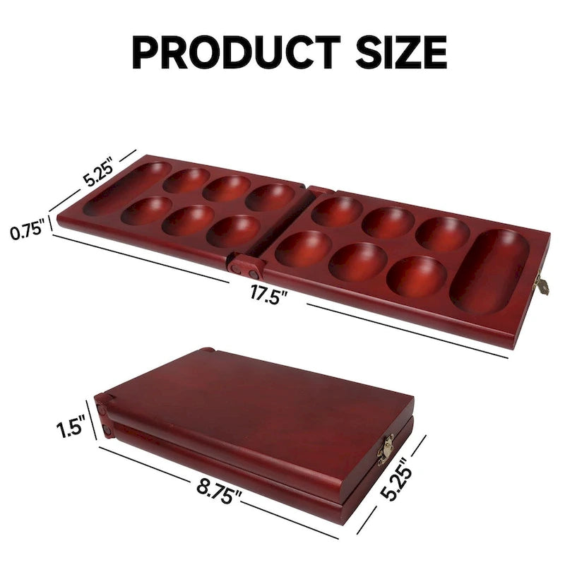 GSE Mahogany Folding Wooden Mancala Board Game with Multi-Color Glass Stones and Storage Bag