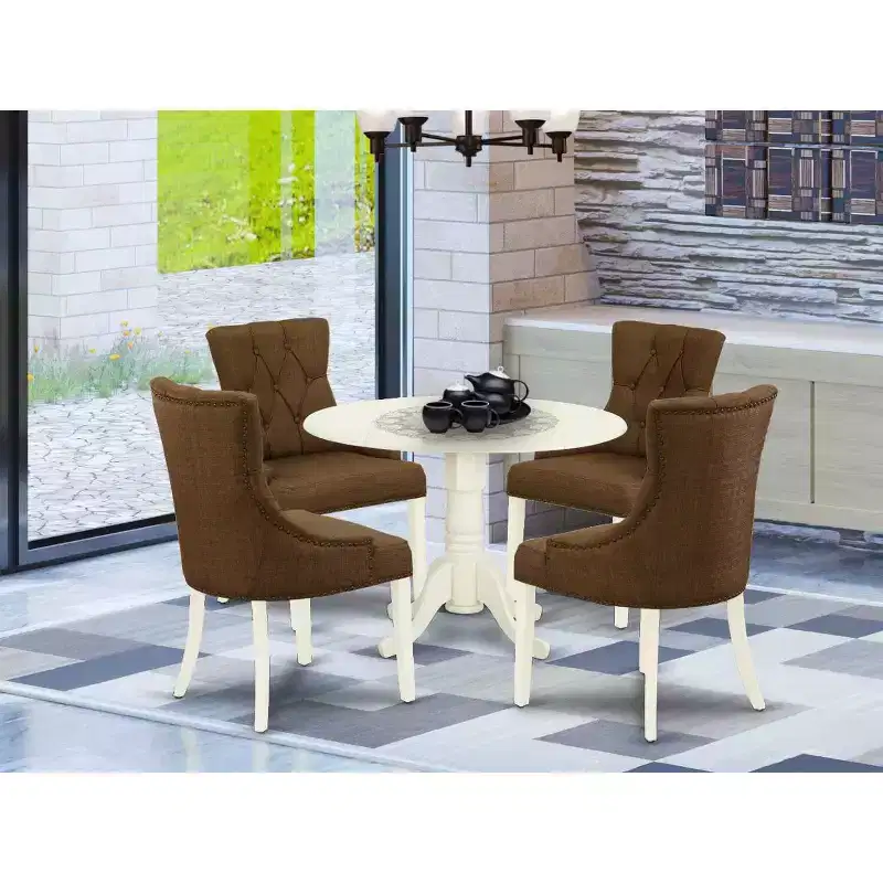 HomeStock 5-Piece Round Buttermilk and Cherry Finish Solid Wood Top Dining Table with 4-Parson Chair with Drop Leaf