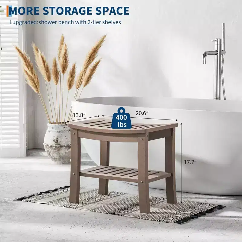 HDPE Shower Bench with Storage Shelf  Waterproof Non-Slip Bath Seat for Elderly, Spa or Bathtub  Indoor/Outdoor Use, No Maintenance