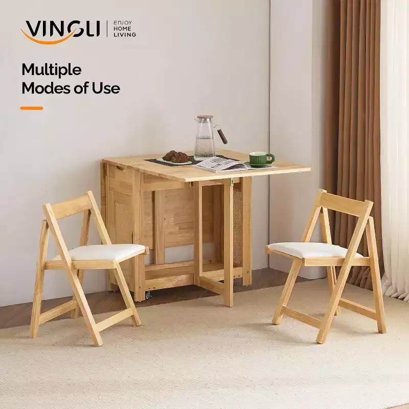 VINGLI Folding Dining Table Set, Extendable Drop Leaf Solid Wood Table with 4 Chairs,rawers & Wheels, Space-Saving for Kitchen