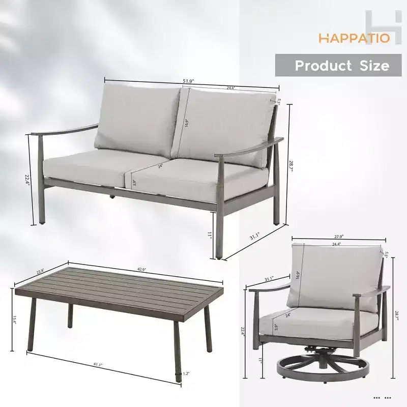 HAPPATIO Patio Outdoor Furniture Set,4 Piece Aluminum Patio Conversation Set with Coffee Table, Swivel Chairs and Loveseat for Backyard Deck Poolside