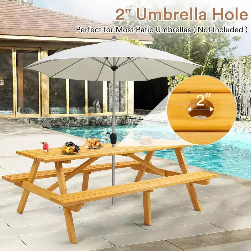 Zevemomo 8 Person Wood Picnic Table, Rectangle Tabletop with Umbrella Hole, 2 Built-in Long Benches, 2220LBS Total Capacity for Backyard, Light Wood