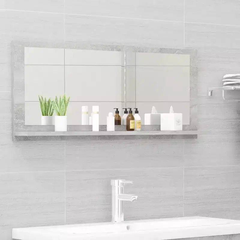 vidaXL Bathroom Wall Mirror with Shelf, 35.4x4.1x14.6, Modern Design, Durable Engineered Wood & Acrylic, Practical Storage, Concrete Gray Finish