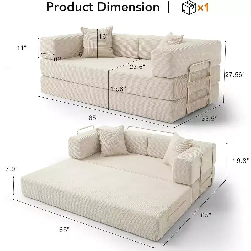 Dyonery 65-in five-in-one folding floor sofa bed, convertible into a double bed sofa bed, with a fixed metal frame, corduroy