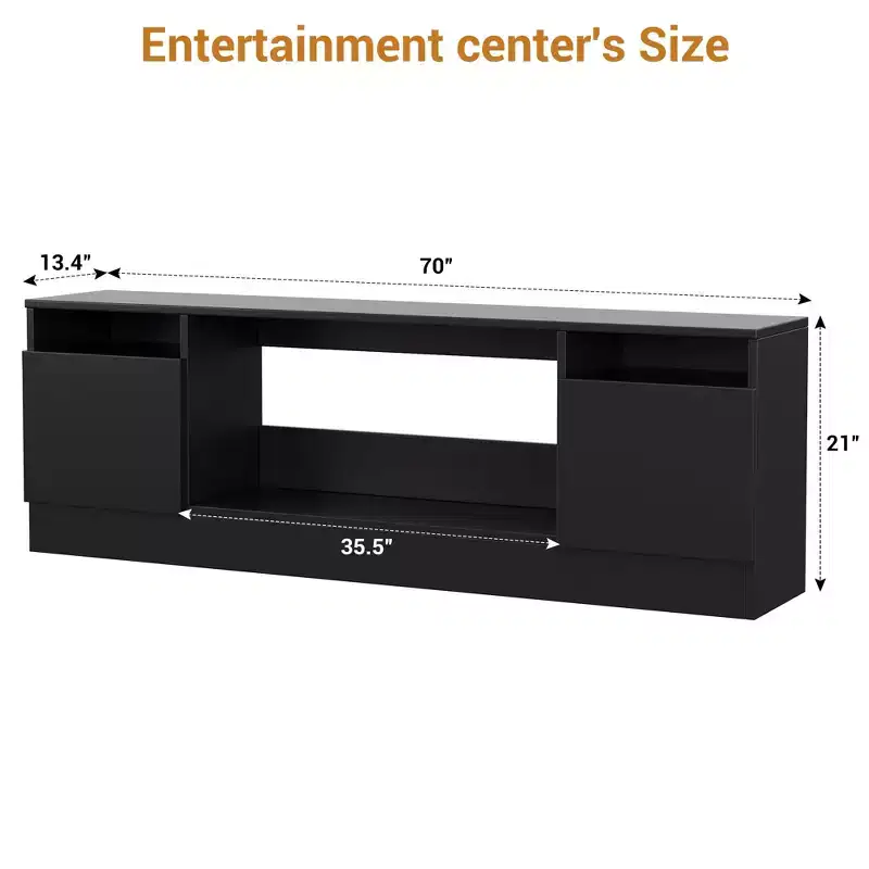 Modern Entertainment Center with Storage Cabinet Up to 75 TV, Black Modern TV Stand for Living Room (Not Included Fireplace)
