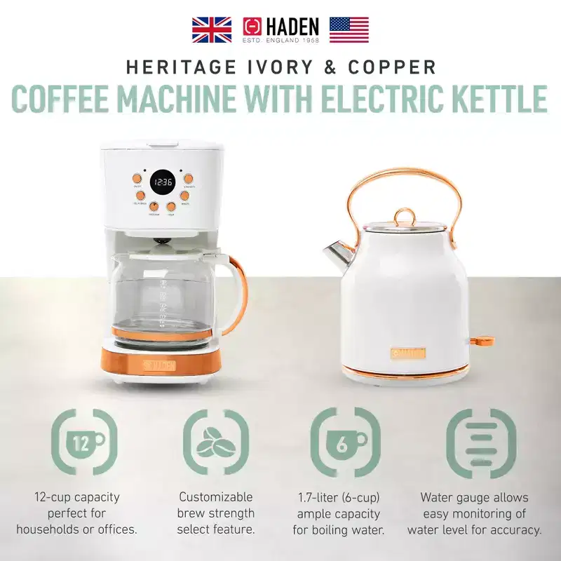 Haden Coffee Machine, 12 Cup Drip Coffee Maker Bundled with Heritage 1.7 Liter Stainless Steel Electric Kettle, Ivory & Copper
