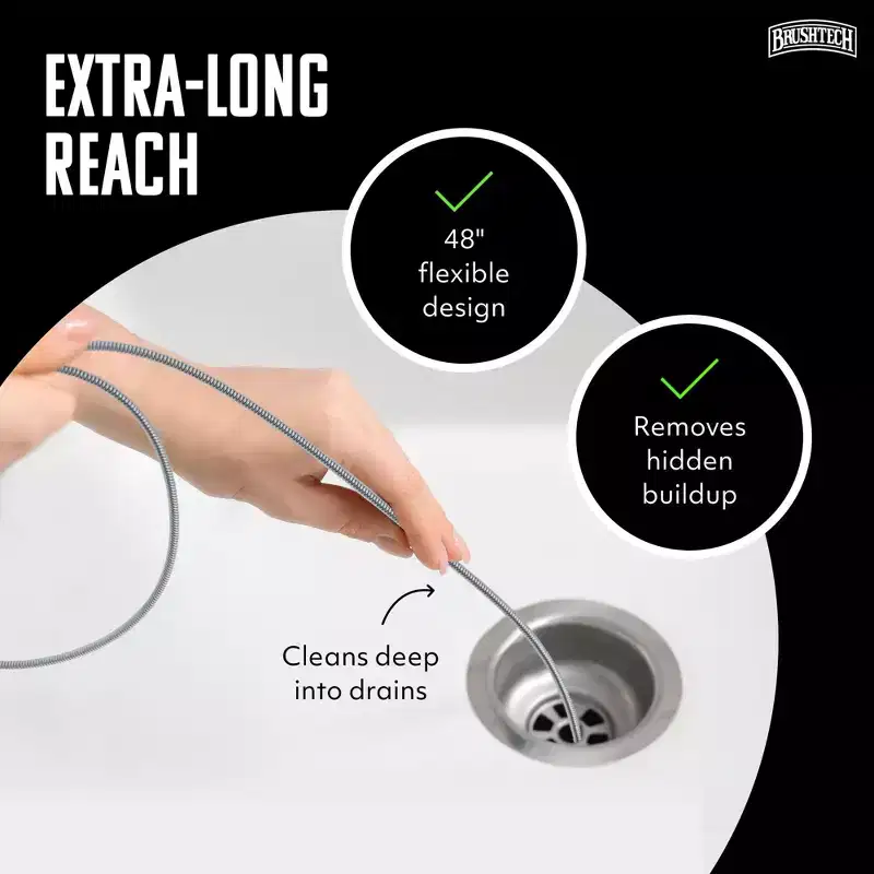 Brushtech 48 Extra Long Super Flexible Drain Brush - Long Pipe Cleaning Brush for Tough Clogs, Hair, & Debris - Non-Kinking Spring - Made in USA