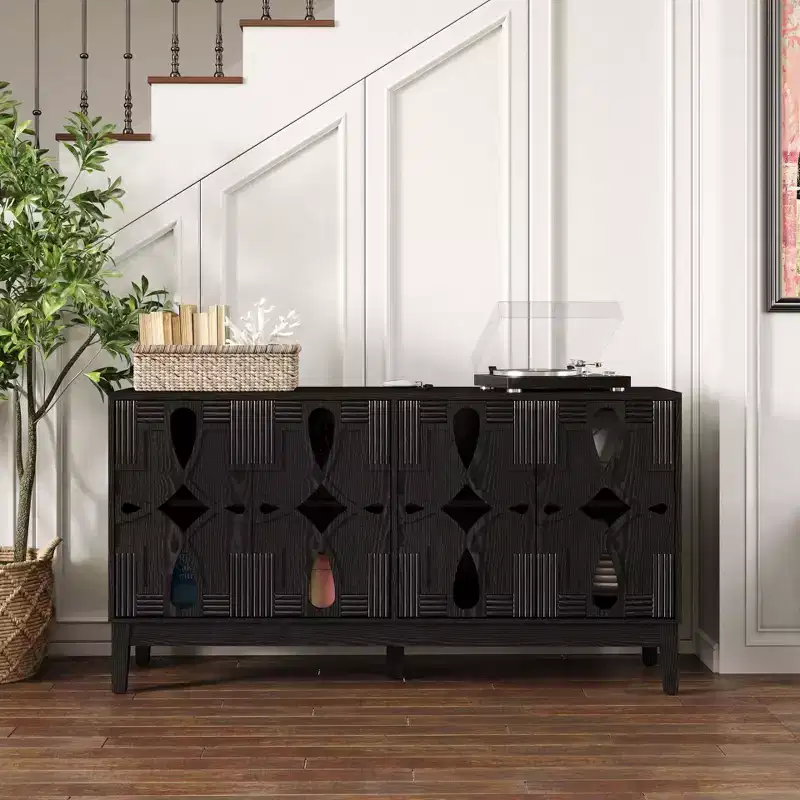 Storage Buffet Cabinet, Mid Century Modern Sideboard, Accent Storage Cabinet Serving Sideboard with 4 Hollow Out Doors and Adjustable Shelves