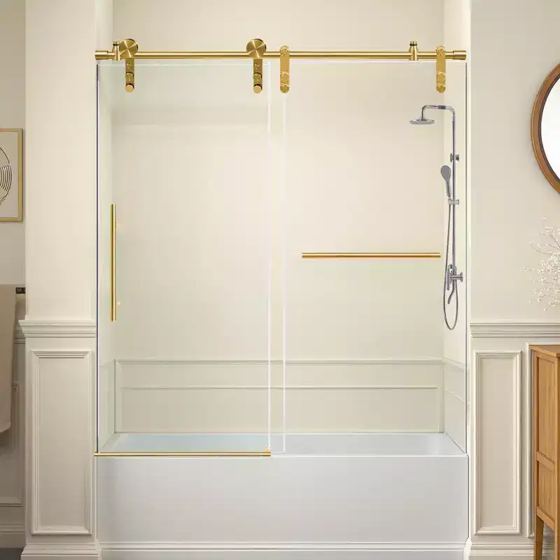 MAYEERTY 60x66in Frameless Sliding Bathtub Shower Door, Stainless Steel Tempered Glass Shower Door with Anti-Water Seal, Gold