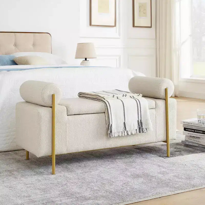 MAYEERTY Elegant Upholstered Line Storage Bench with Cylindrical Arms and Iron Legs for Hallway Living Room Bedroom Beige