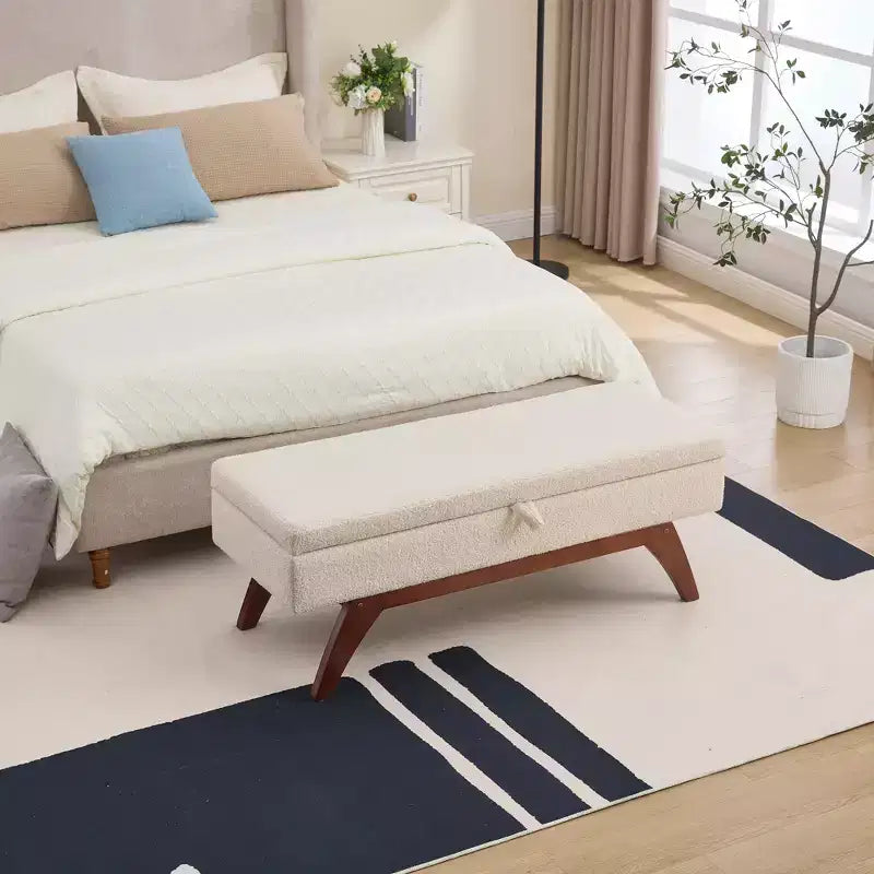 Zeus & Ruta Teddy Wool Fabric Bed End Stool with Solid Wood Feet and Storage Function