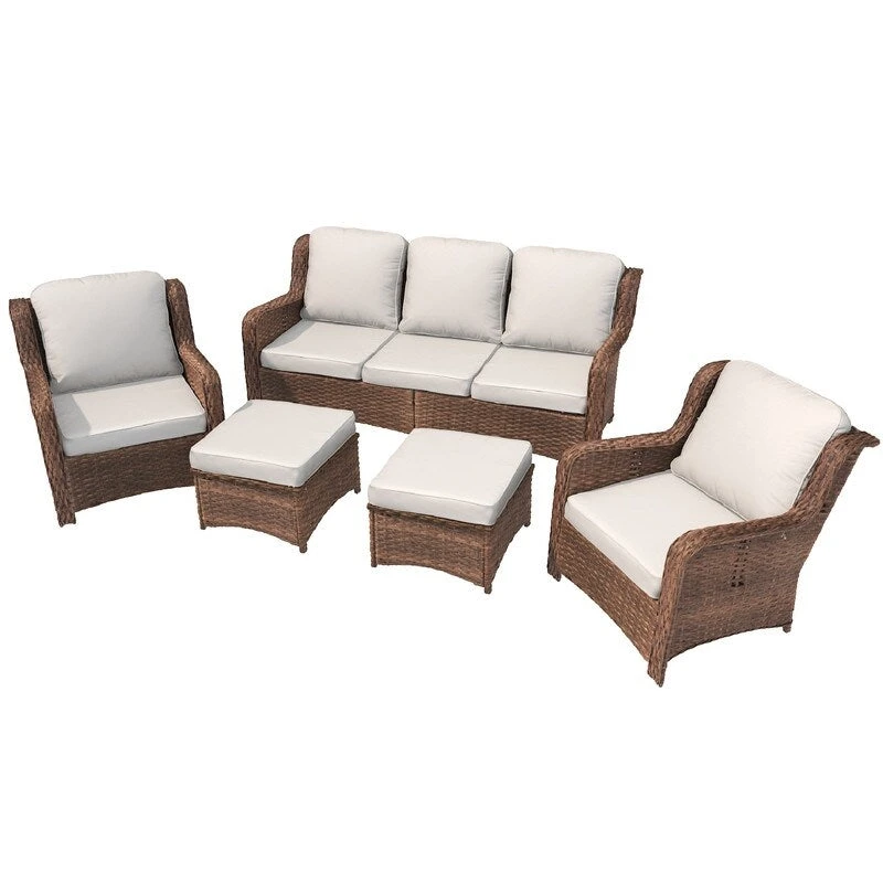 5-piece Patio Furniture High Back Conversation Set with Beige Cushions