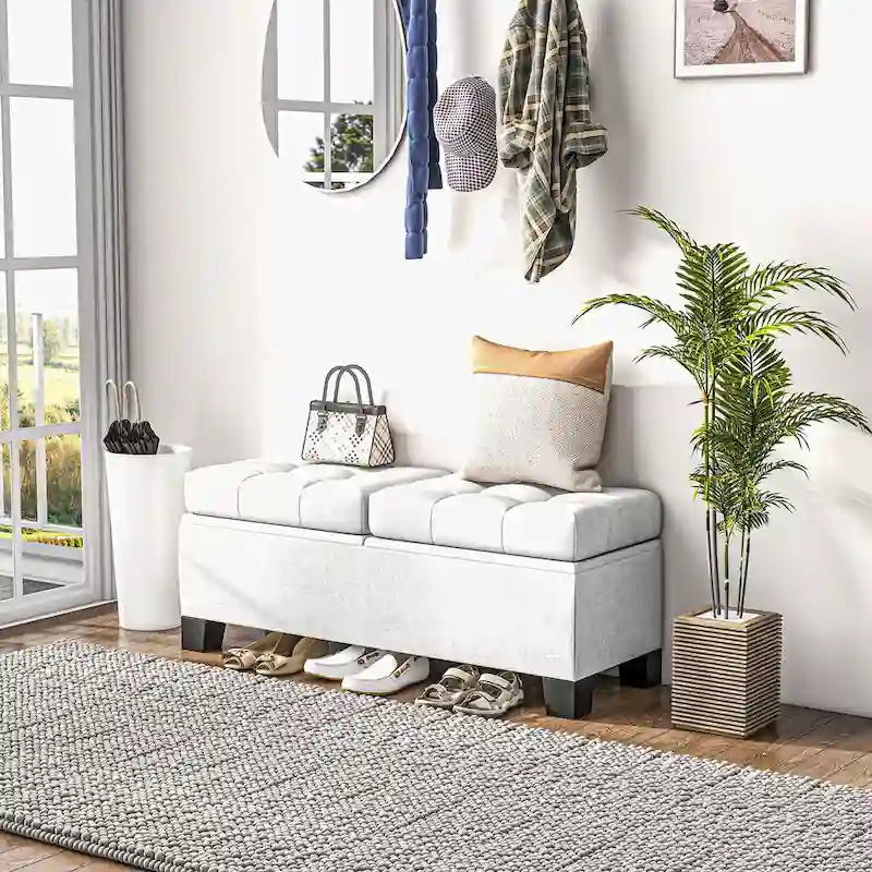 Button-Tufted Linen Storage Bench with Steel Frame and Safety Hinges – Cream White / Gray, 2-Person Use