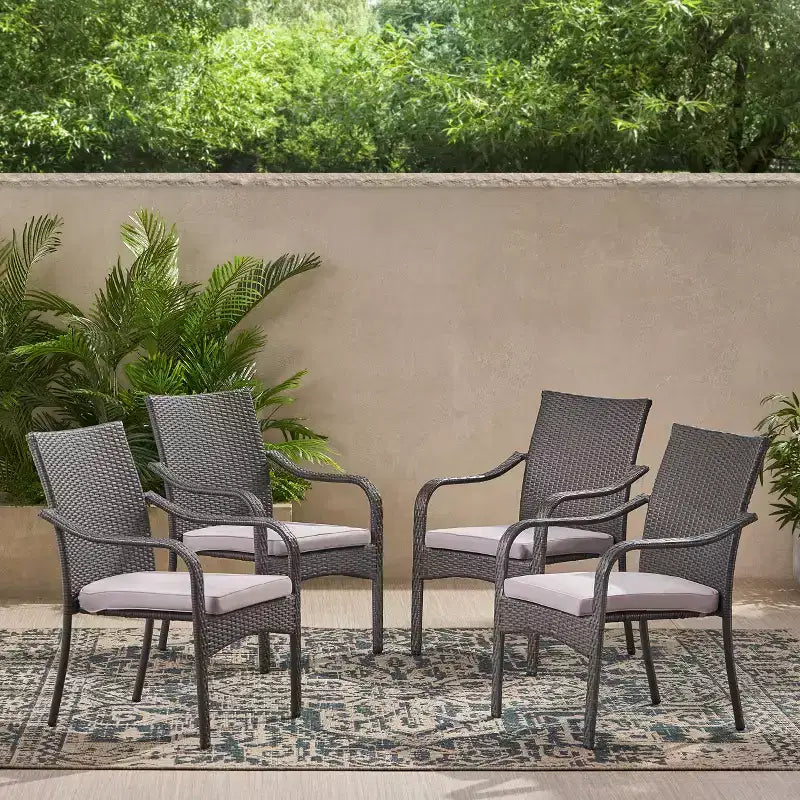 GDFStudio Jeremy Outdoor Wicker Stacking Dining Chairs with Cushion (Set of 4), Gray/Light Gray