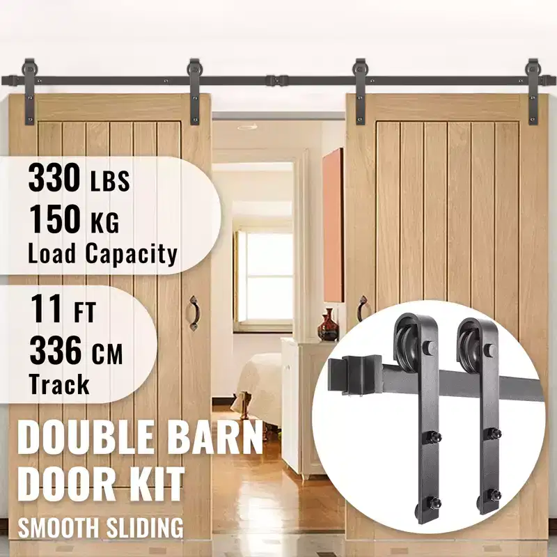 VEVOR Sliding Barn Door Hardware Kit, 11FT Barn Door Kit, 330LBS Load-Bearing Double Barn Door Hardware Kit, Carbon Steel Barn Door Track, Black