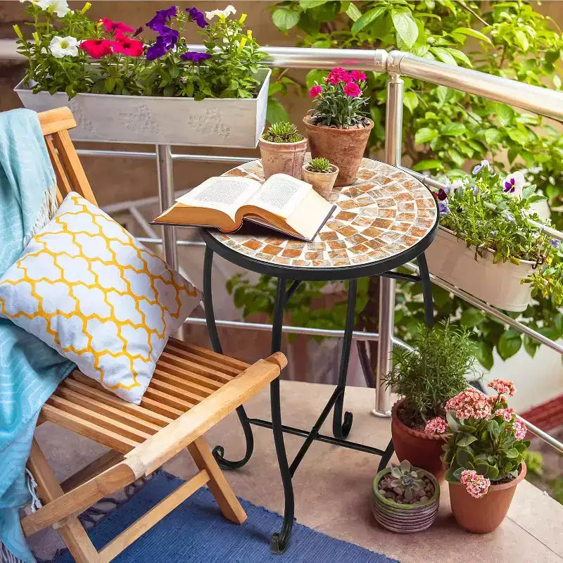VINGLI Mosaic Outdoor Side Table, 14 Round End Table, Accent Table, Plant Stand Ideal for Pool Side, Porch, Patio, Deck or Sofa Side, Glass Top