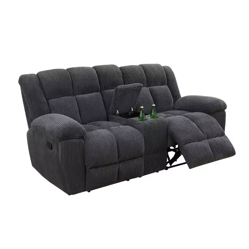 MAYEERTY Reclining Loveseat, 2-Seat Corduroy Fabric Recliner with Storage & Cup Holders for Living Room, Dark Gray
