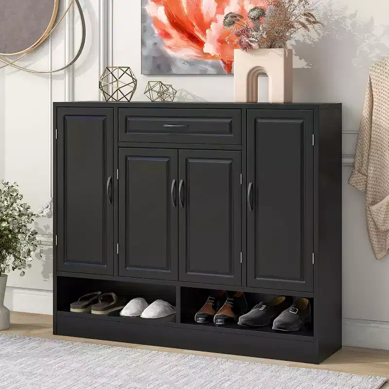 Acekool Shoe Storage Cabinet with Adjustable Shelves, Entryway Organizer with Drawer & Doors, Modern Shoe Rack for Hallway, Bedroom, White