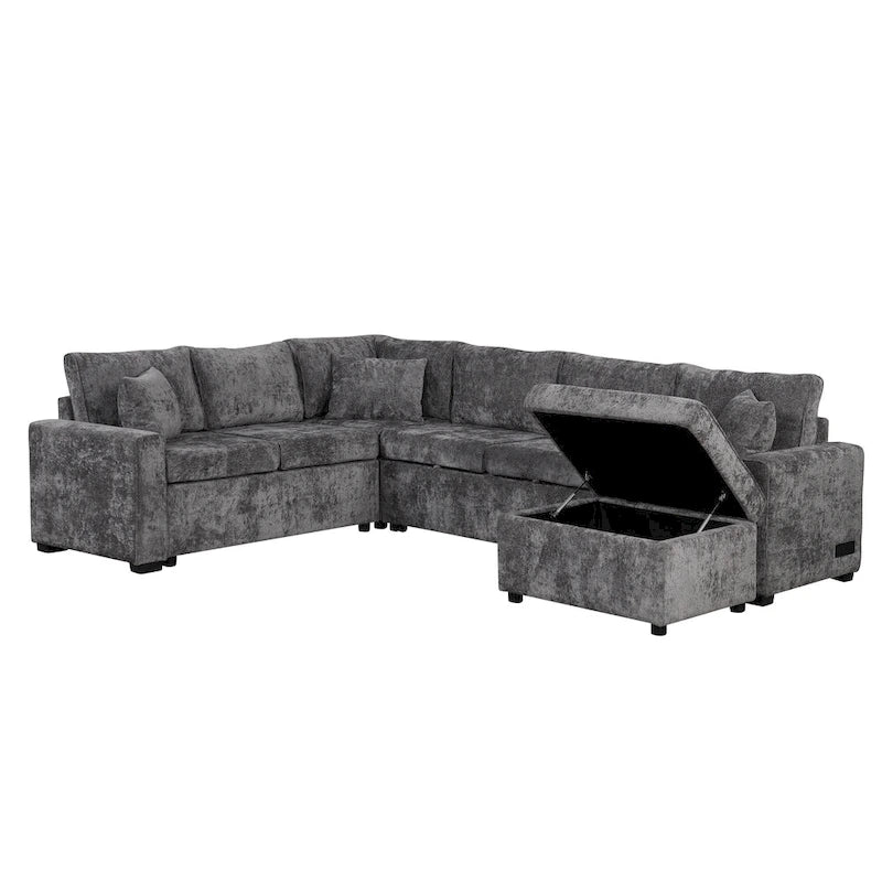Chenille Sectional Sofa Pull-out Sofa Bed, L-Shape Sleeper Sofa with Storage Ottoman, 3 Pillows and Charging Devices