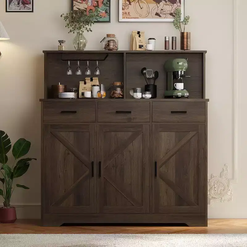 Farmhouse Microwave Oven Buffet Cabinet, Wood Coffee Bar Cabinet for Kitchen, Versatile Storage Unit, Easy Assembly