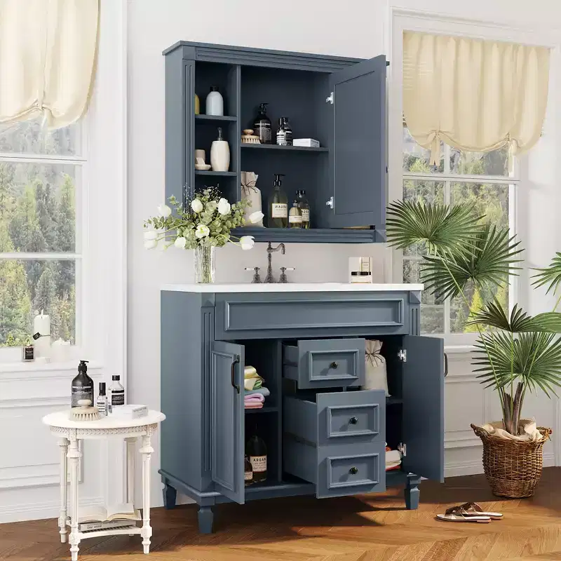 CASAINC 36'' Bathroom Vanity with Top Sink, Mirror Cabinet, 2 Soft Closing Doors & 2 Drawers