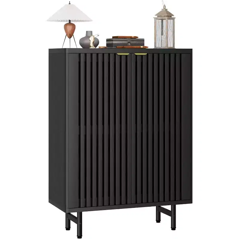 Narrow Shoe Cabinet with Breathable Louver Doors, 6-Tier Hidden Shoe Rack, Freestanding, Black
