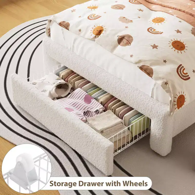 LED Full Bed Frame with 2-Tier Storage Headboard, Upholstered Platform Bed with Charging Station and Drawer, Metal Support, No Box Spring Needed