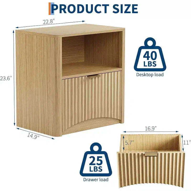 23 Inch Oak Nightstand, Waterproof Surface Bedside Table with Drawer & Storage, Mid Century Modern Fluted End Table