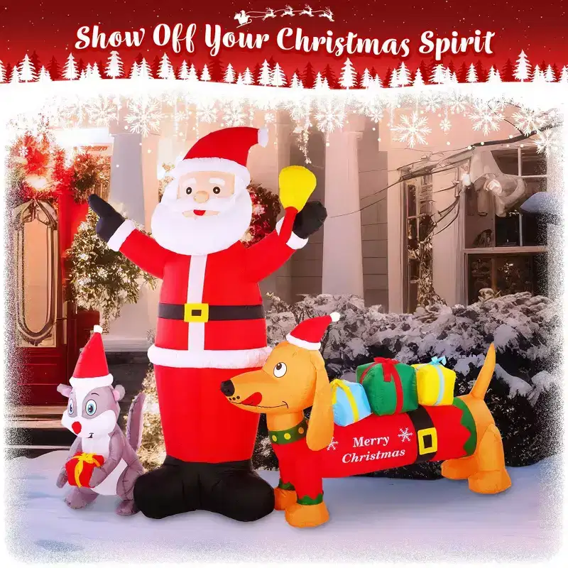 G128 6.5 ft Santa Claus with Dog and Raccoon Christmas Inflatable Decor with LED Lights