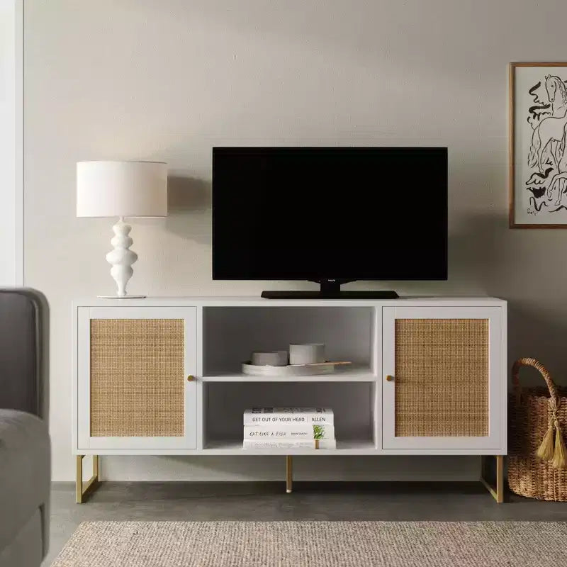 47" Mina Rattan and Wood 2 Door TV Cabinet for TVs up to 59" White/Gold - Nathan James: Boho-Chic Entertainment Center