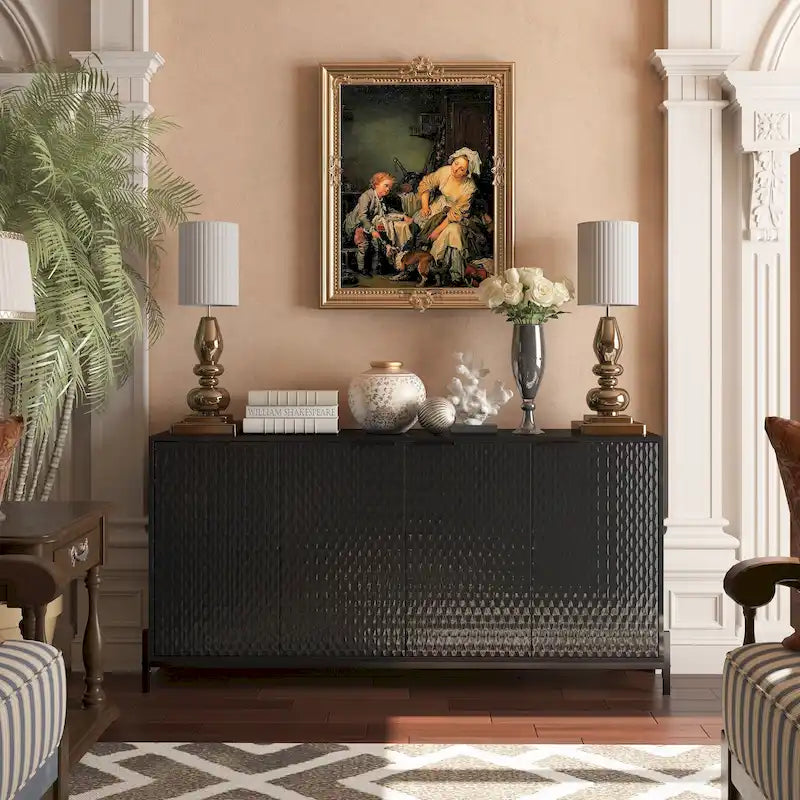 High Gloss 4-Door Storage Sideboard with Adjustable Shelves and Metal Legs