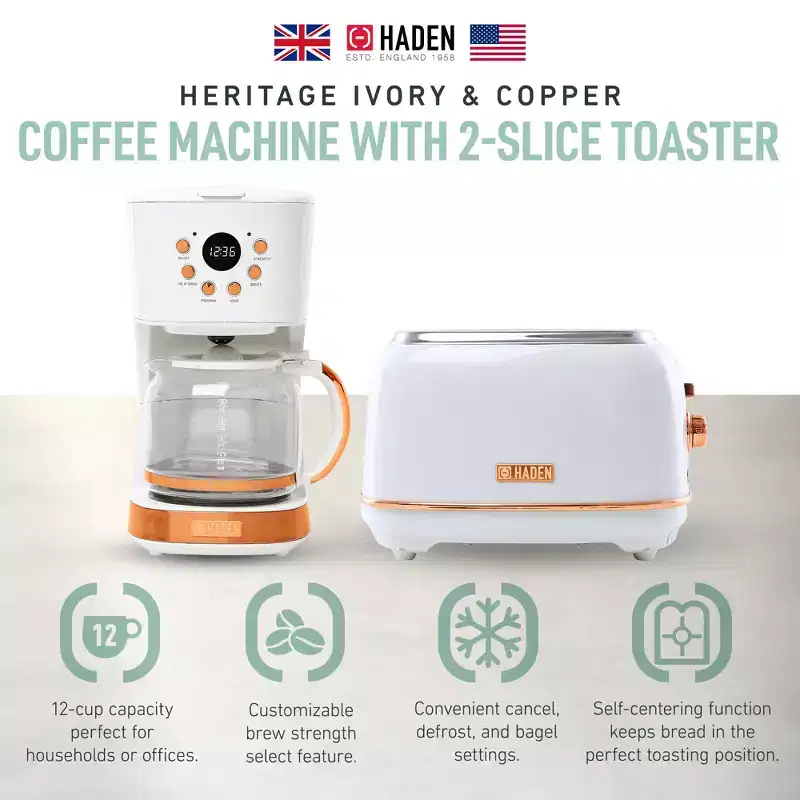 Haden Heritage 2 Slice Wide Slot Stainless Steel Toaster Bundled with 12 Cup Programmable Drip Coffee Maker Coffee Machine, Ivory & Copper
