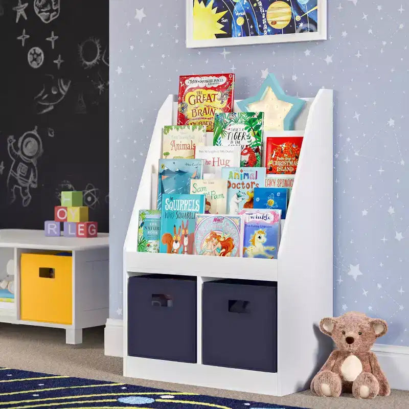 RiverRidge Kids' Bookshelf and Toy Storage Organizer with 4 Bookracks and 2 Cubbies White with 2 Fabric Bins