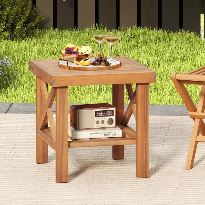 Costway 2PCS Outdoor Side Table Acacia Wood Adirondack Table w/ Storage Shelf Natural