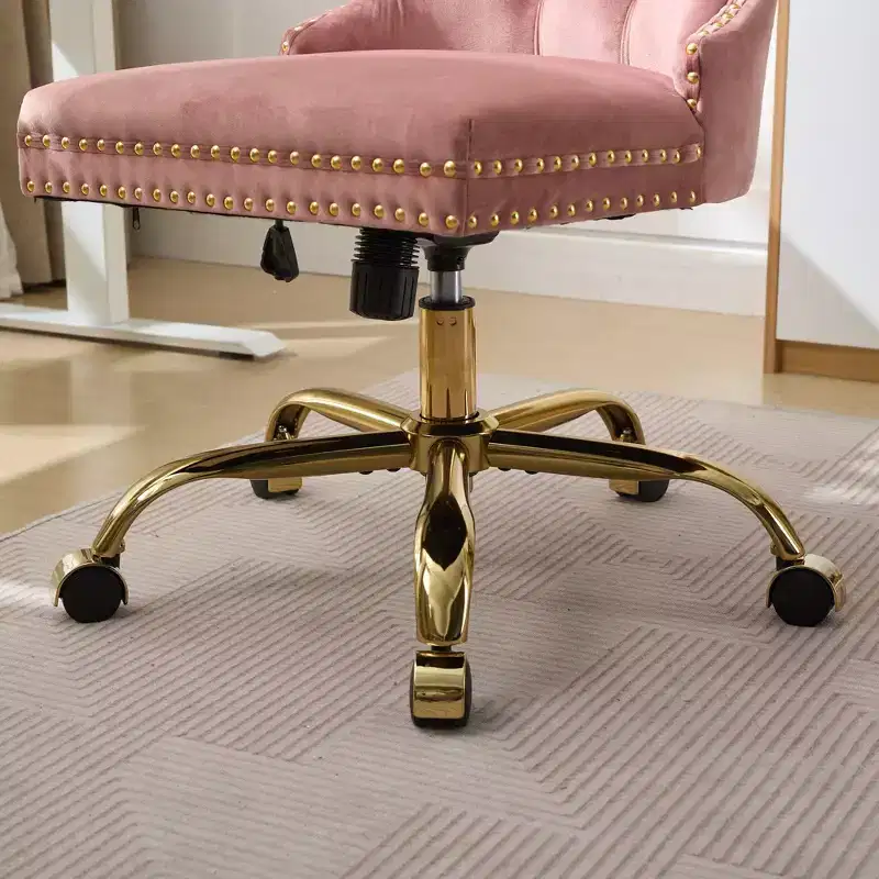 Adjustable Desk Chair Swivel Office Chair, Modern Velvet Upholstered Tufted Button Home Office Chair with Golden Metal Base, Pink