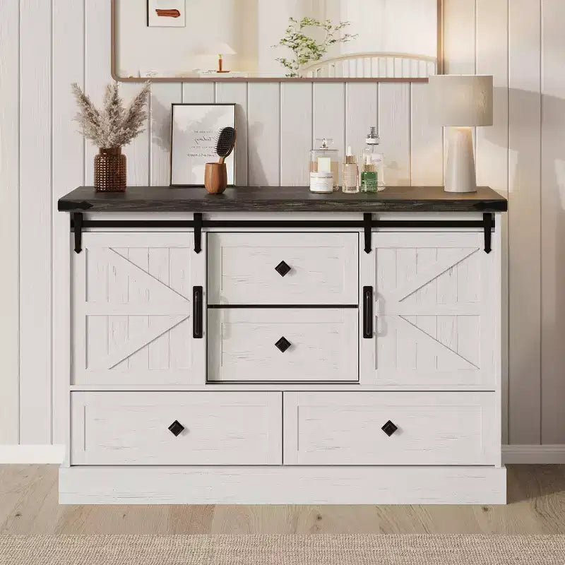 Farmhouse TV Stands for 65 Inch TV, Entertainment Center with Sliding Barn Doors, Television Stands with Large 4 Drawers, for Living Room Bedroom