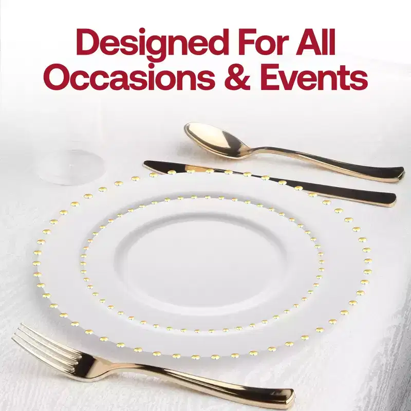 Smarty Had A Party White w/ Gold Pearl String Round Plastic Wedding Set - 60 Sets