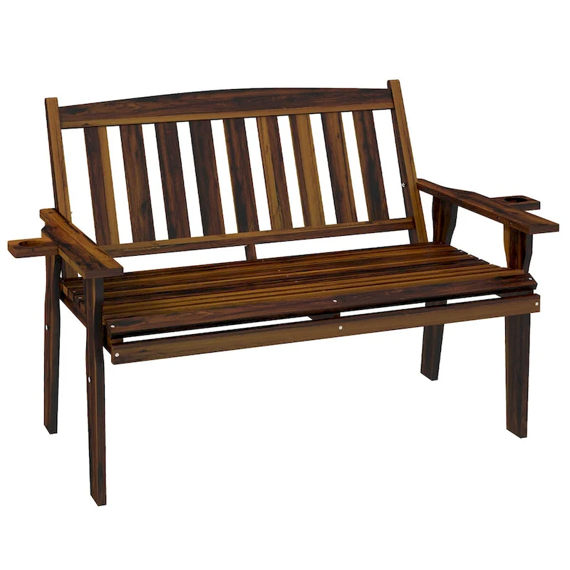 Outsunny Wood Outdoor Bench with Cupholder Armrests, Slatted Seat