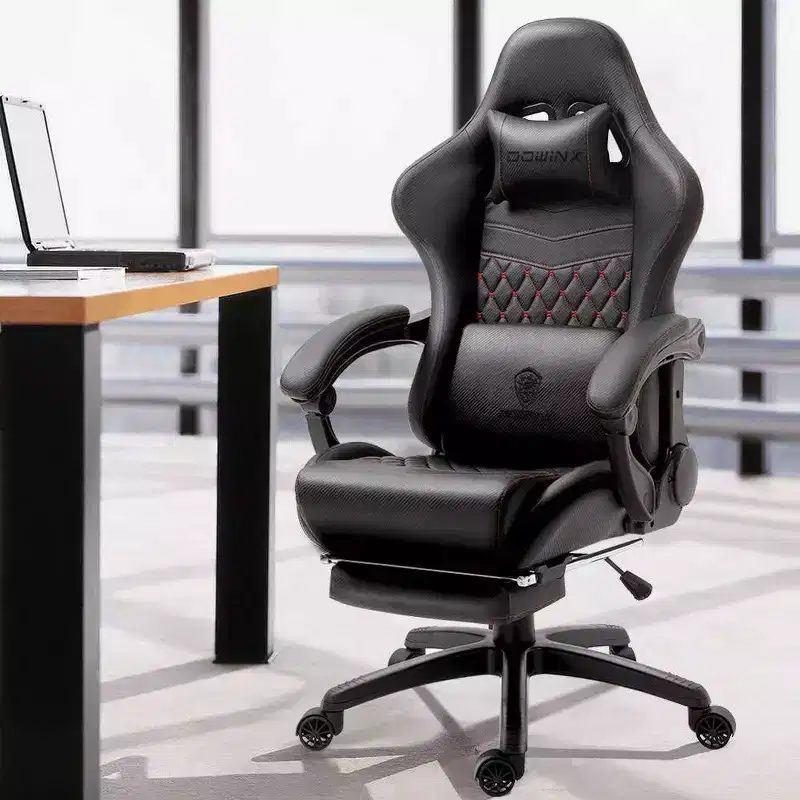 Gaming Chair with Massage Lumbar Support and Retractable Footrest, Leather, 300 lb Capacity