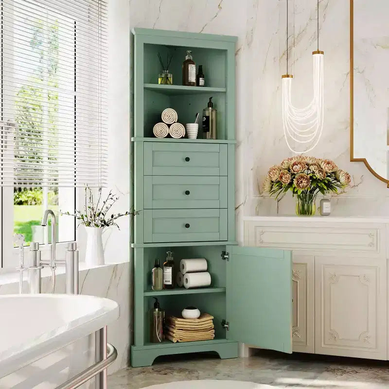 MAYEERTY Green Triangle Tall Cabinet 3 Drawers Adjustable Shelves MDF Painted