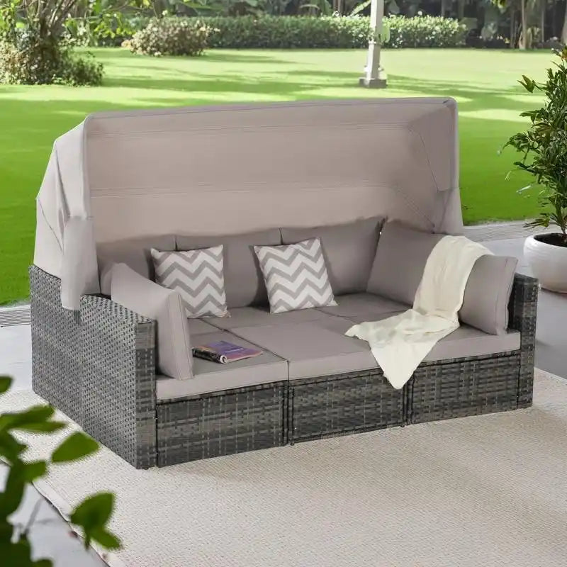 5-Piece Outdoor Patio Wicker Daybed Set with Retractable Canopy, Storable Table
