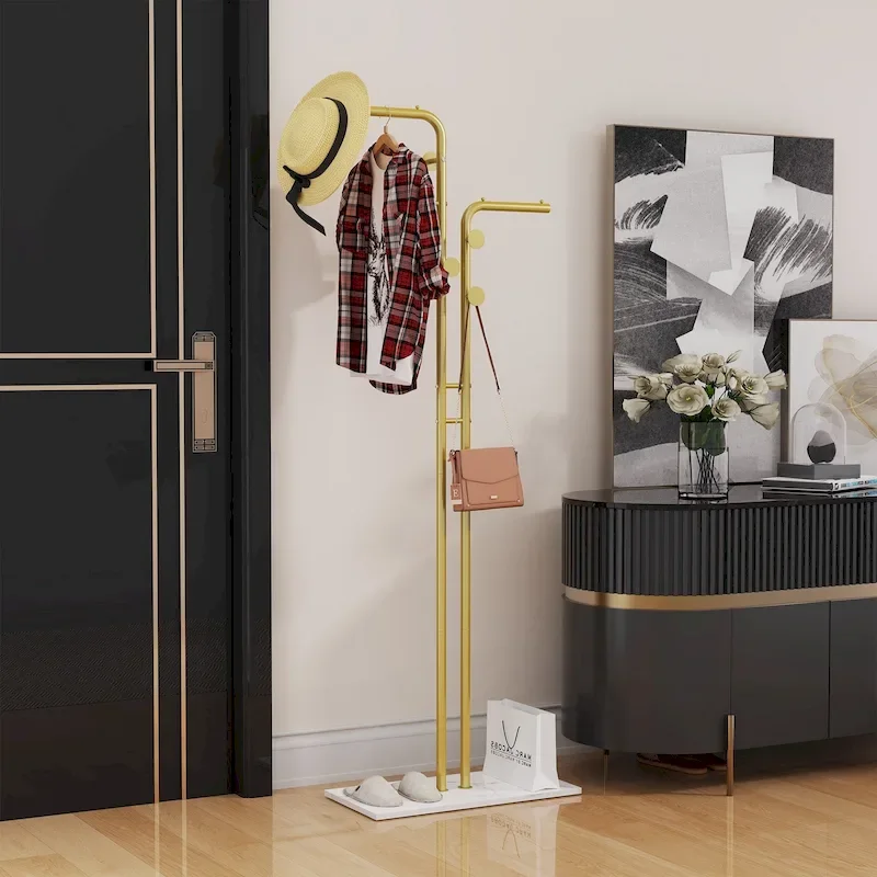 Coat Rack with Marble Base Entryway Coats Hanger Stand with 5 Hooks - 24x12x70