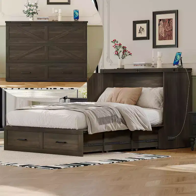 Full Size Farmhouse Cabinet Bed with Foldable Platform and Large Storage Drawer, Rustic Gray