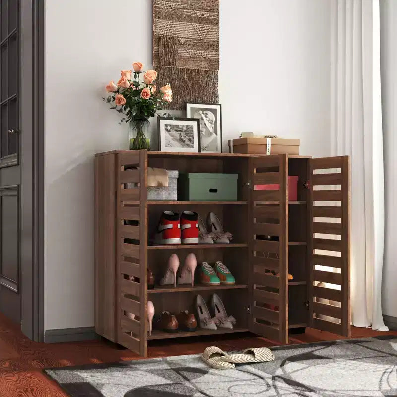 5-Tier Adjustable Shelf Shoe Rack with Louvered Doors, Wooden Shoe Storage Cabinet for Entryways, Walk-in Closets, and Living Rooms