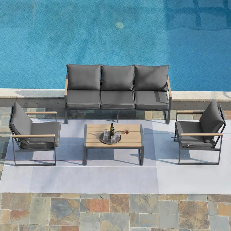 4-Piece Modern Outdoor Sofa Set - Iron Frame with Grey Cushions and Faux Wood Grain Coffee Table